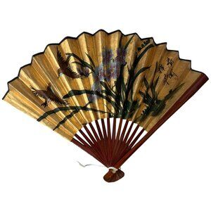 Oriental Wall Fan Bamboo Crane Motifs 17" New